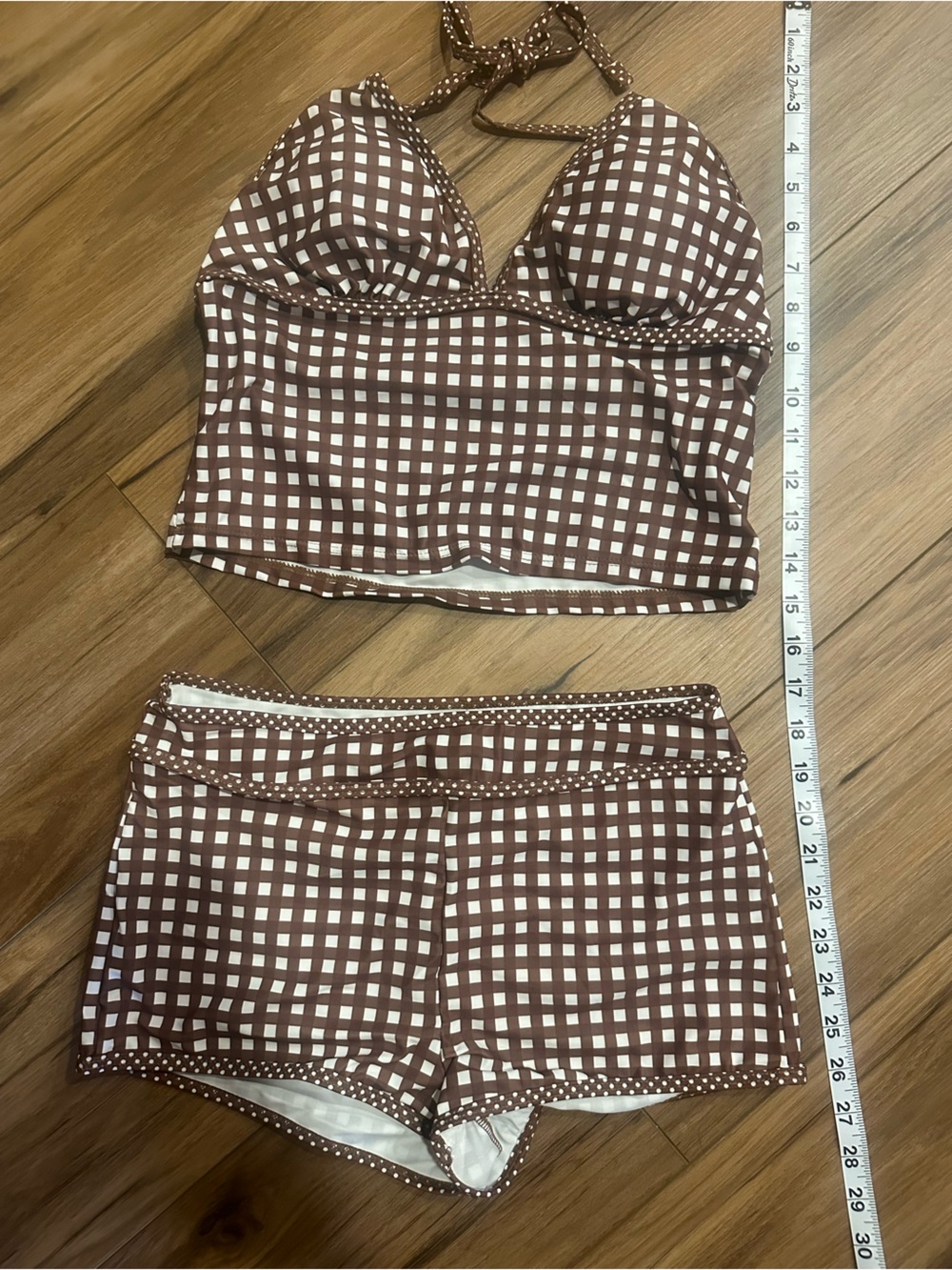 SHEIN Brown and White Gingham High-Waist Bikini Set - Picture 2 of 6